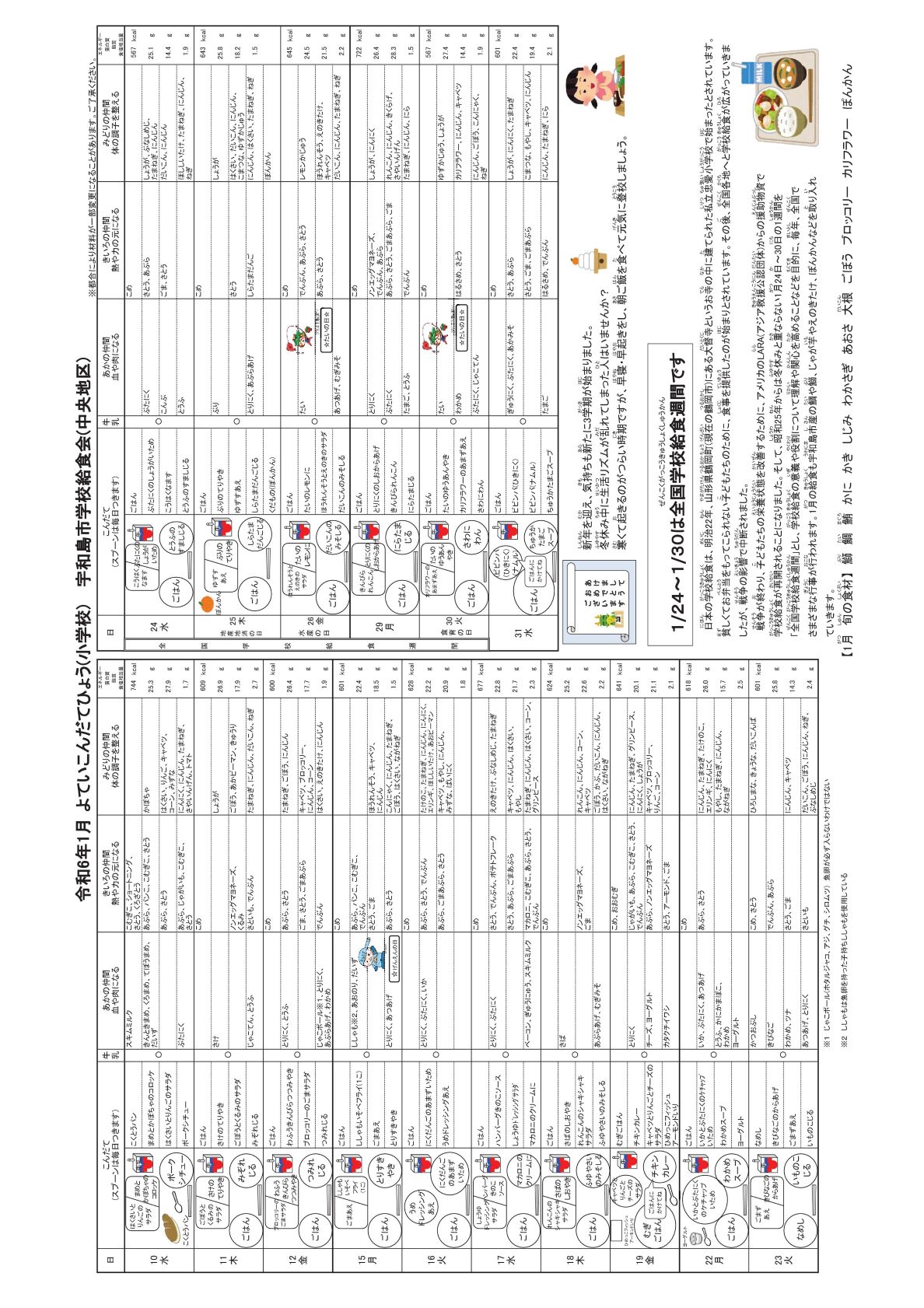 １月　小学校献立予定表